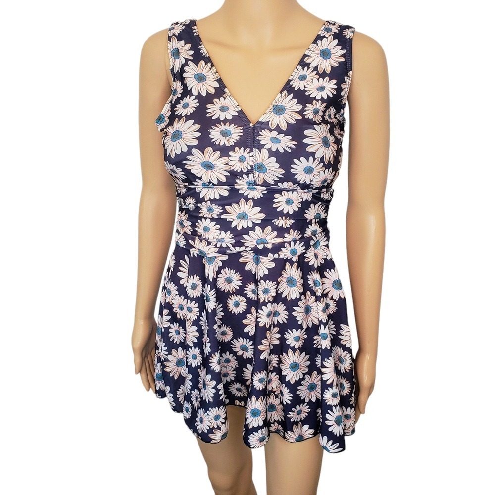 Danify Black Floral Print Sleeveless V Neck A Line Swim Dress Womens Small